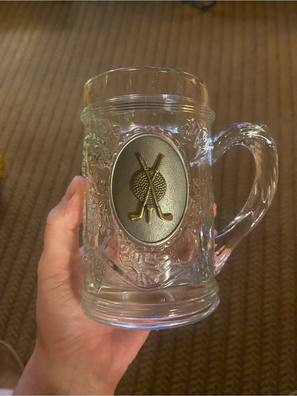 Clear Glass Golf-Themed Beer Stein Mug with Gold Emblem